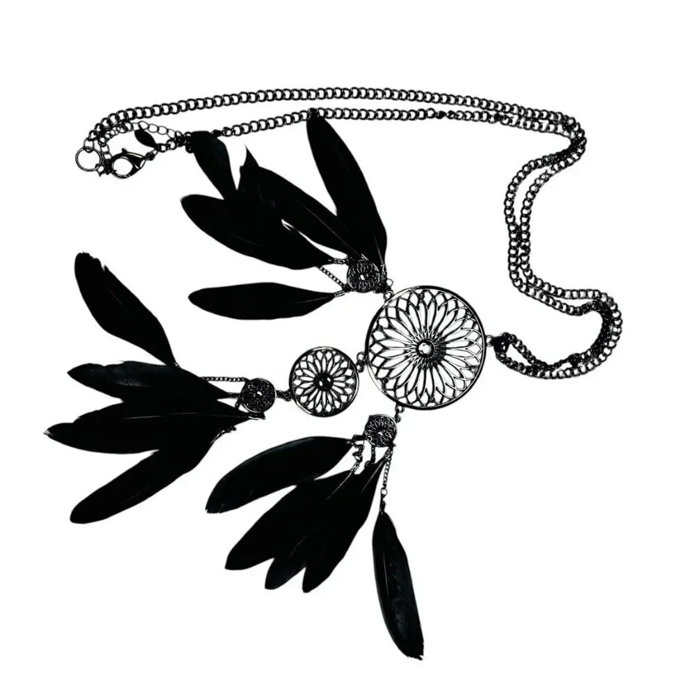 Southwest Western Necklace Medallion Feather Rhinestone Boho